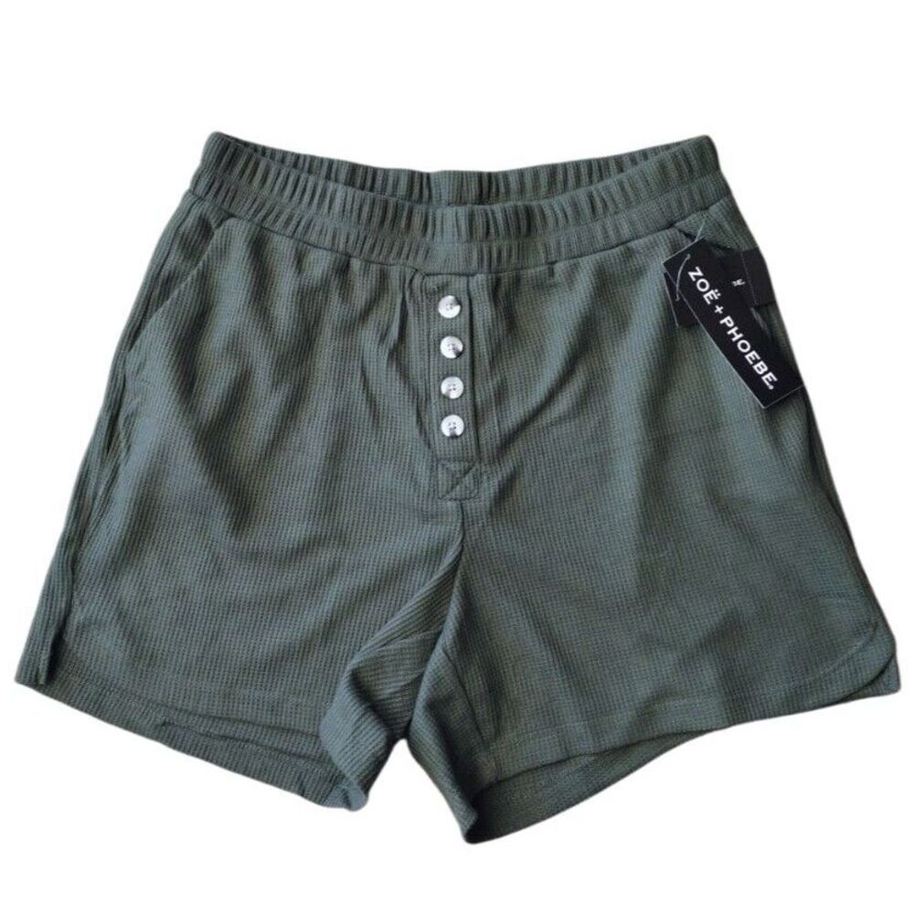 Zoe Phoebe Shorts Women Medium Green‎ Waffler Lounge Front Buttons Pockets Comfy